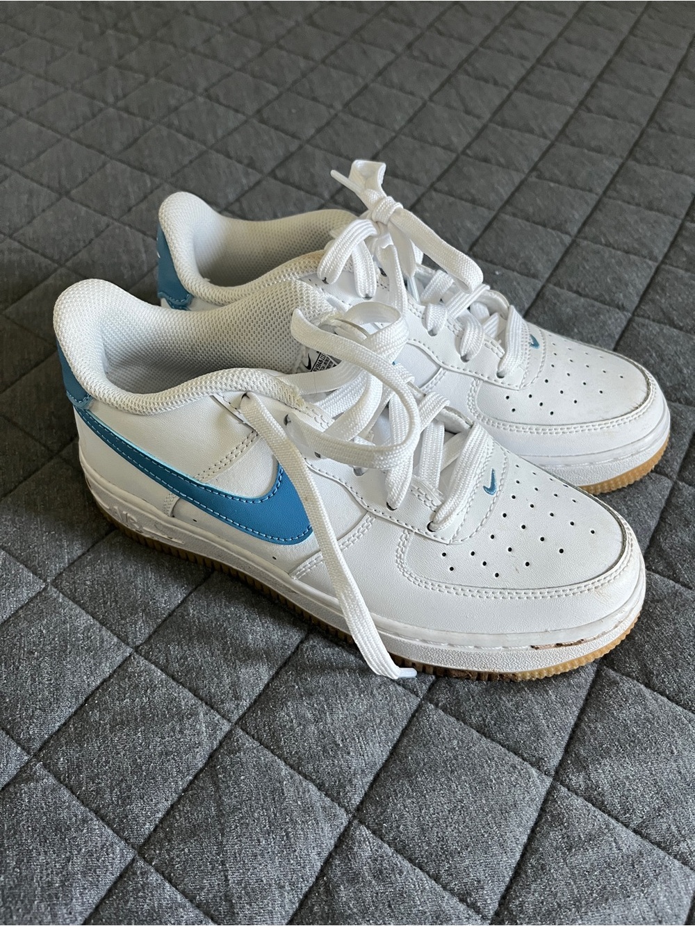 Nike White Air Force 1 Low-Top Sneakers with Light Blue Swoosh Size 3